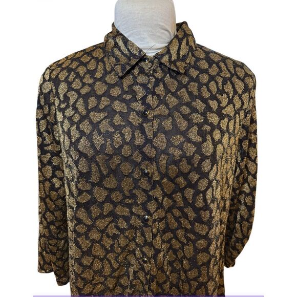 Melissa Paige Women's Long Sleeve Black and Gold Metallic Button Front Blouse L - Picture 5 of 12